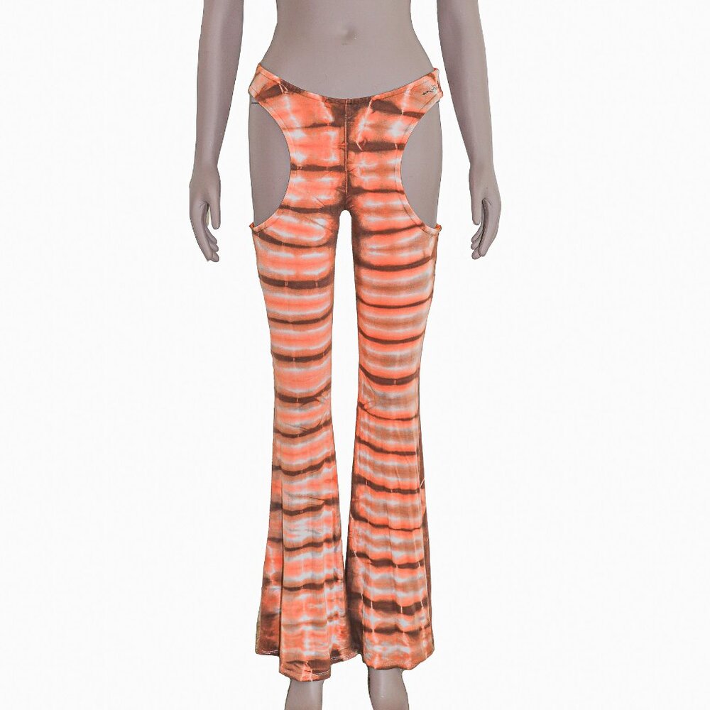 Oh Mighty Boho Chic Orange Tie Dye Cut Out High Waisted‎ Bell Bottom Pants Small
